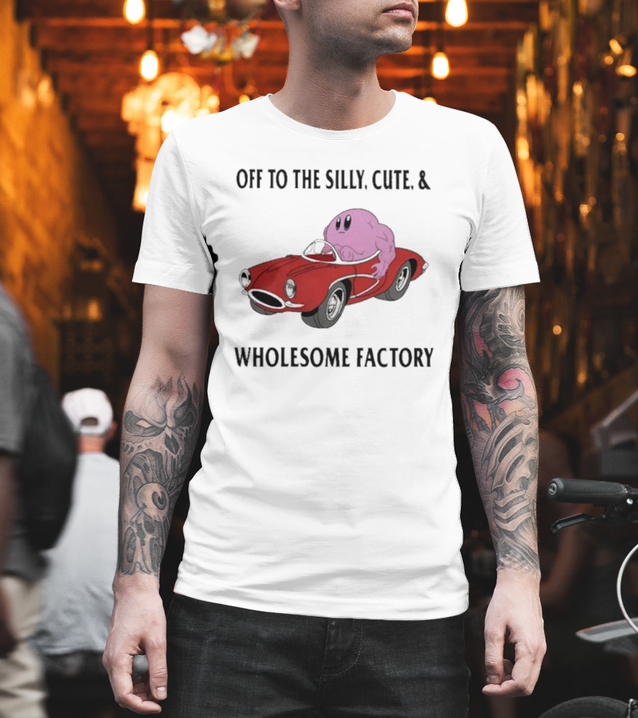 Off to the Silly, Cute, and Wholesome Factory with Cartoon Blob in Red Convertible T-Shirt