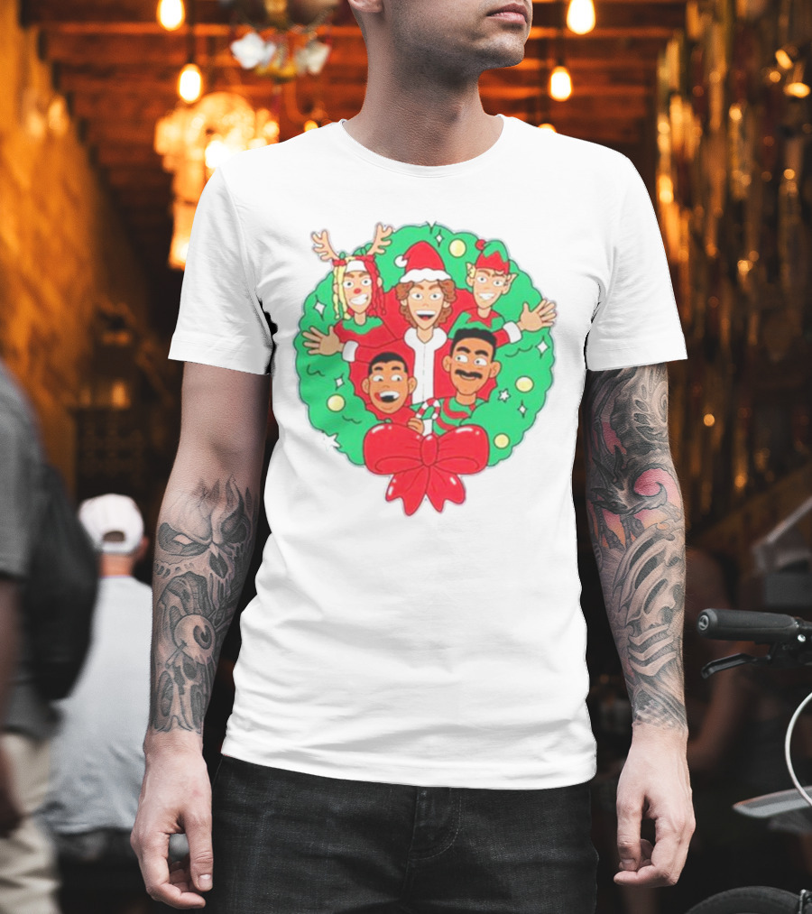 Baylen Levine Christmas Cartoon Characters In Holiday Wreath With Bow And Santa Hat T-Shirt