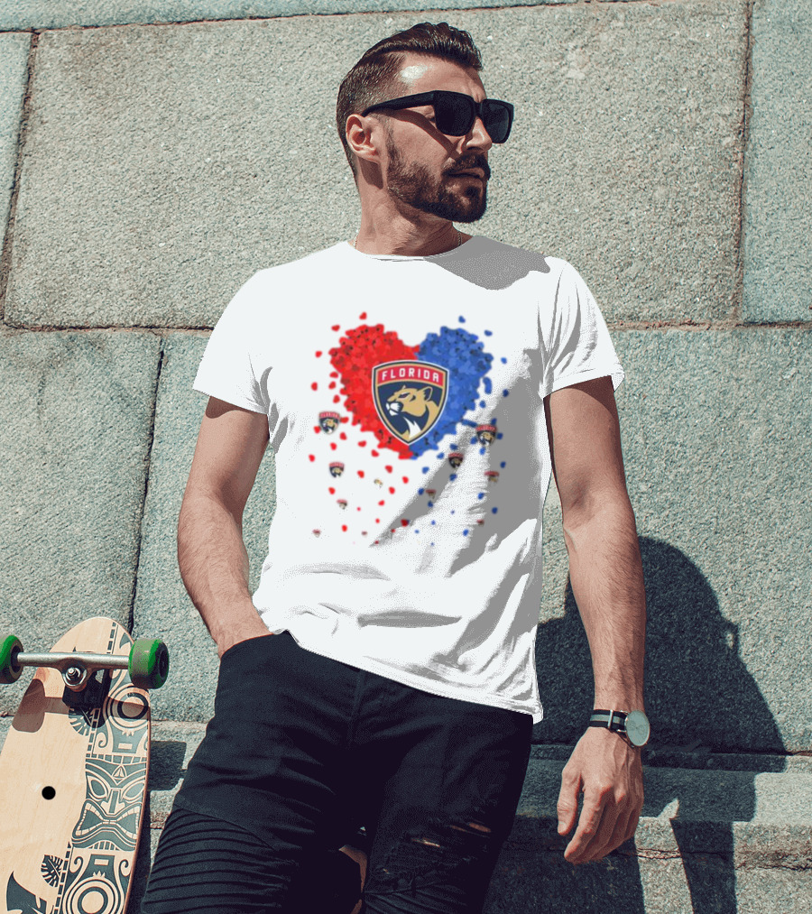 Florida Panthers Heart Logo Red Blue Paws T-Shirt