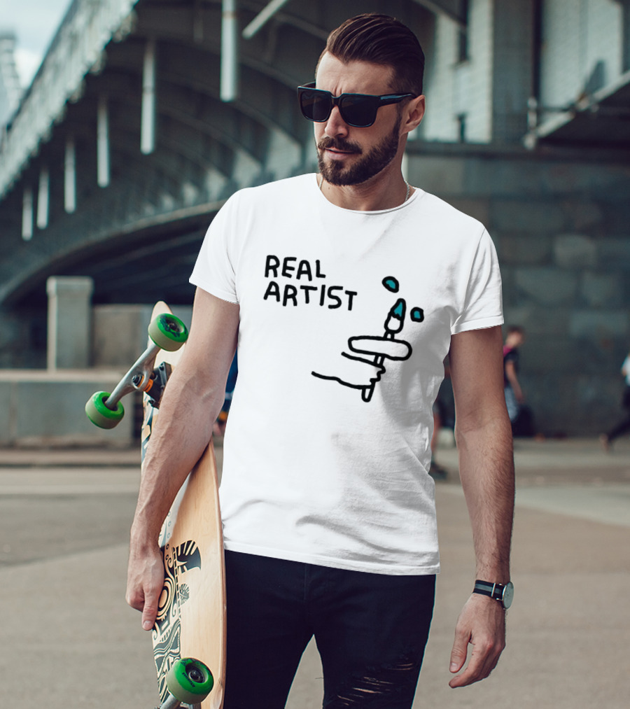 REAL ARTIST Paint Brush Hand Drawing Blue Paint Drops T-Shirt