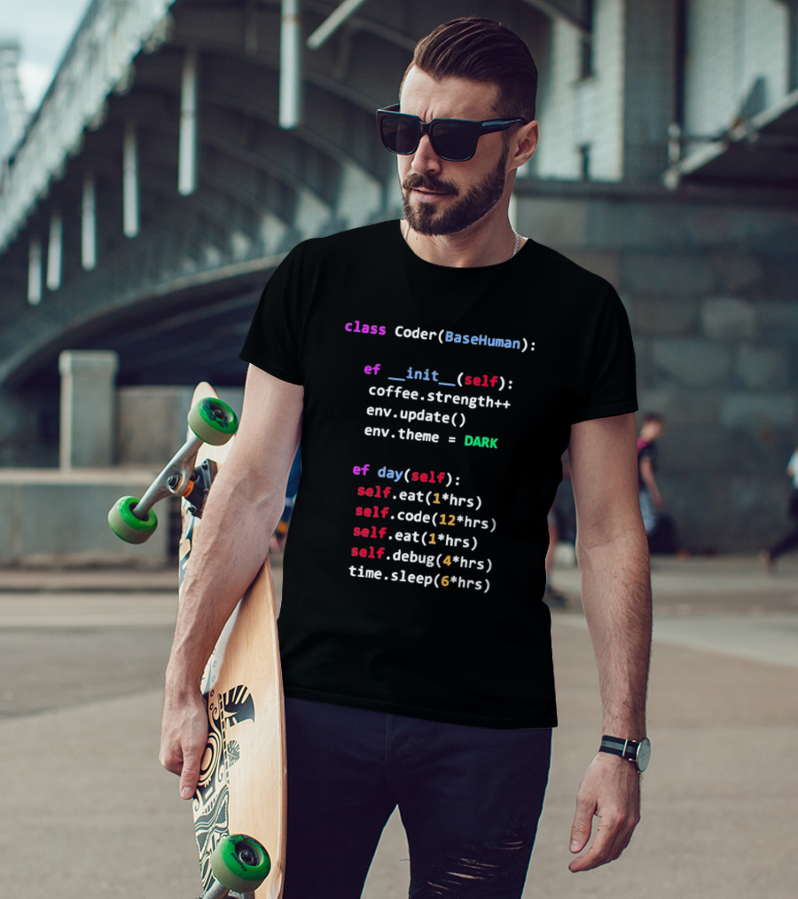 Programmerhumor Class Coder BaseHuman Init Self Coffee Strength Day Eat Code Debug Sleep Theme Dark T-Shirt