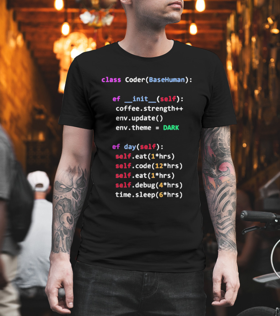 Programmerhumor Class Coder BaseHuman Init Self Coffee Strength Day Eat Code Debug Sleep Theme Dark T-Shirt