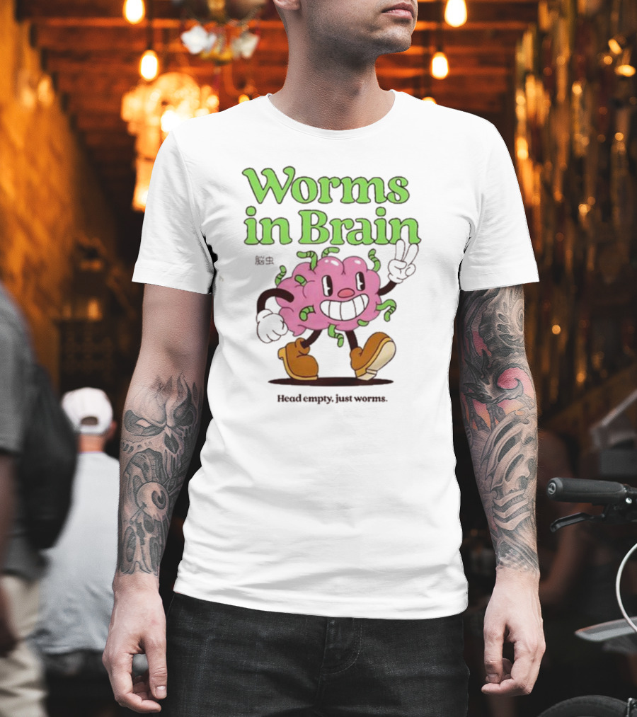 Worms In Brain Head Empty Just Worms Cartoon Brain Peace Sign T-Shirt
