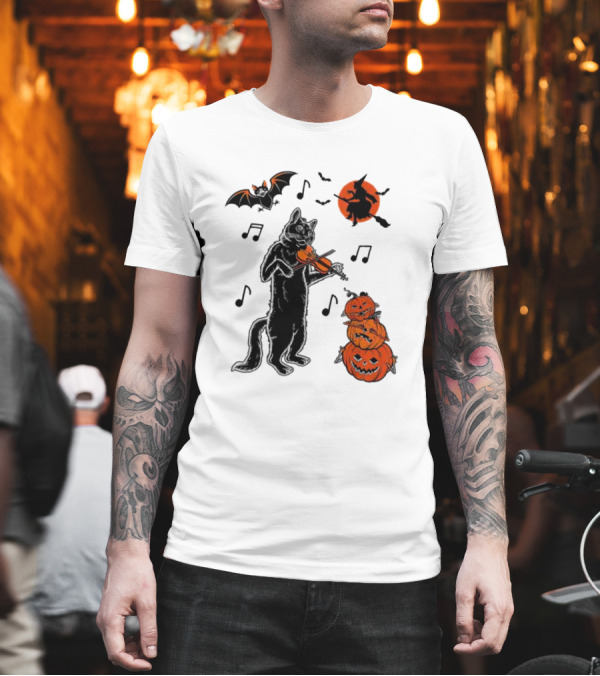 Black Cat Playing Violin with Witch, Devilish Bat, and Stacked Pumpkins Halloween T-Shirt Black Cat Playing Violin with Witch, Devilish Bat, and Stacked Pumpkins Halloween T-Shirt