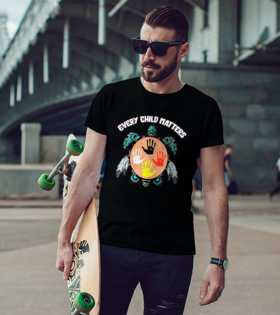 Every Child Matters Turtle With Handprints And Feathers T-Shirt