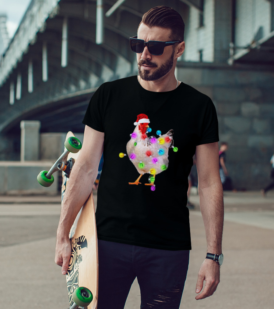 Chicken In Santa Hat With Colorful Christmas Lights T-Shirt