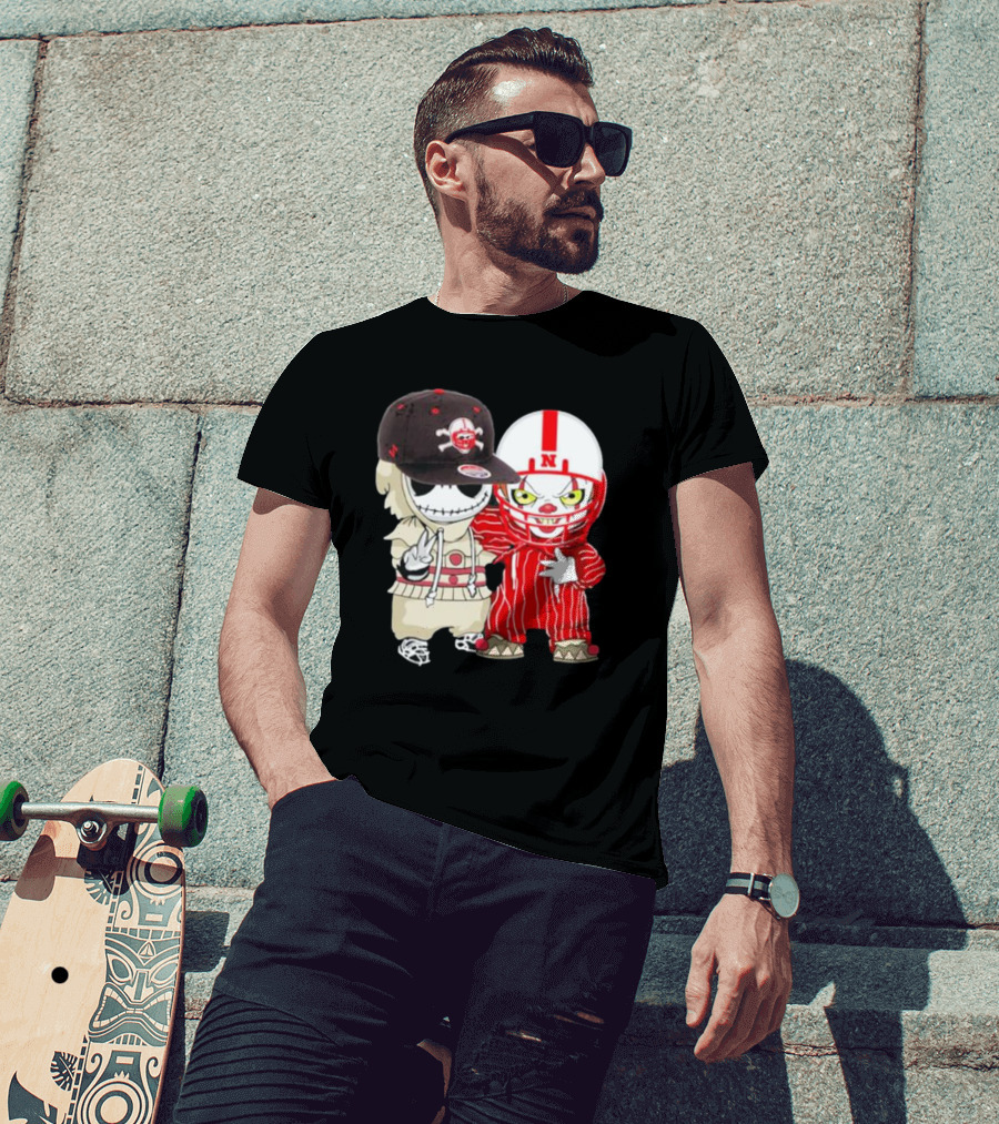 Baby Jack Skellington And Pennywise Nebraska Cornhuskers Halloween Characters T-Shirt
