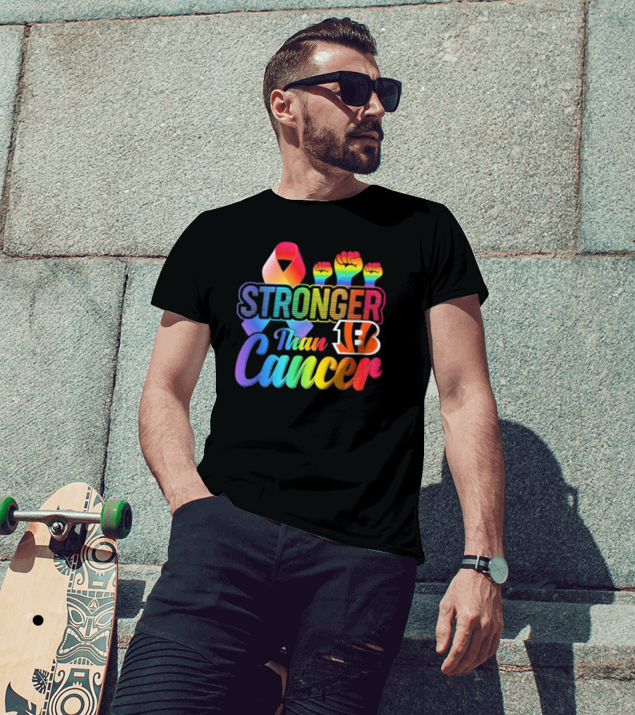 Stronger Than Cancer Cincinnati Bengals NFL Rainbow Ribbon And Fists T-Shirt