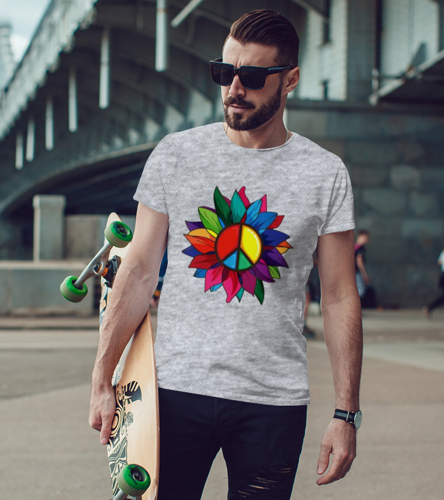 Hippie Rainbow Peace Sign Colorful Flower T-Shirt
