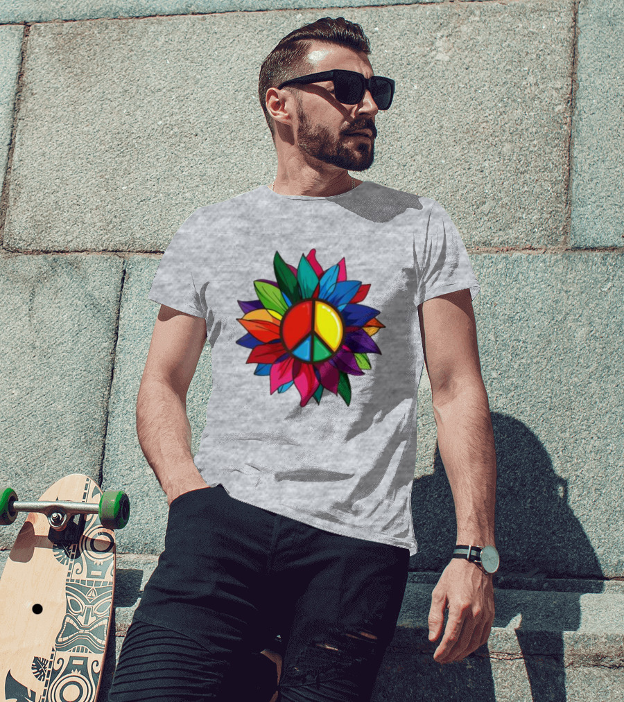 Hippie Rainbow Peace Sign Colorful Flower T-Shirt