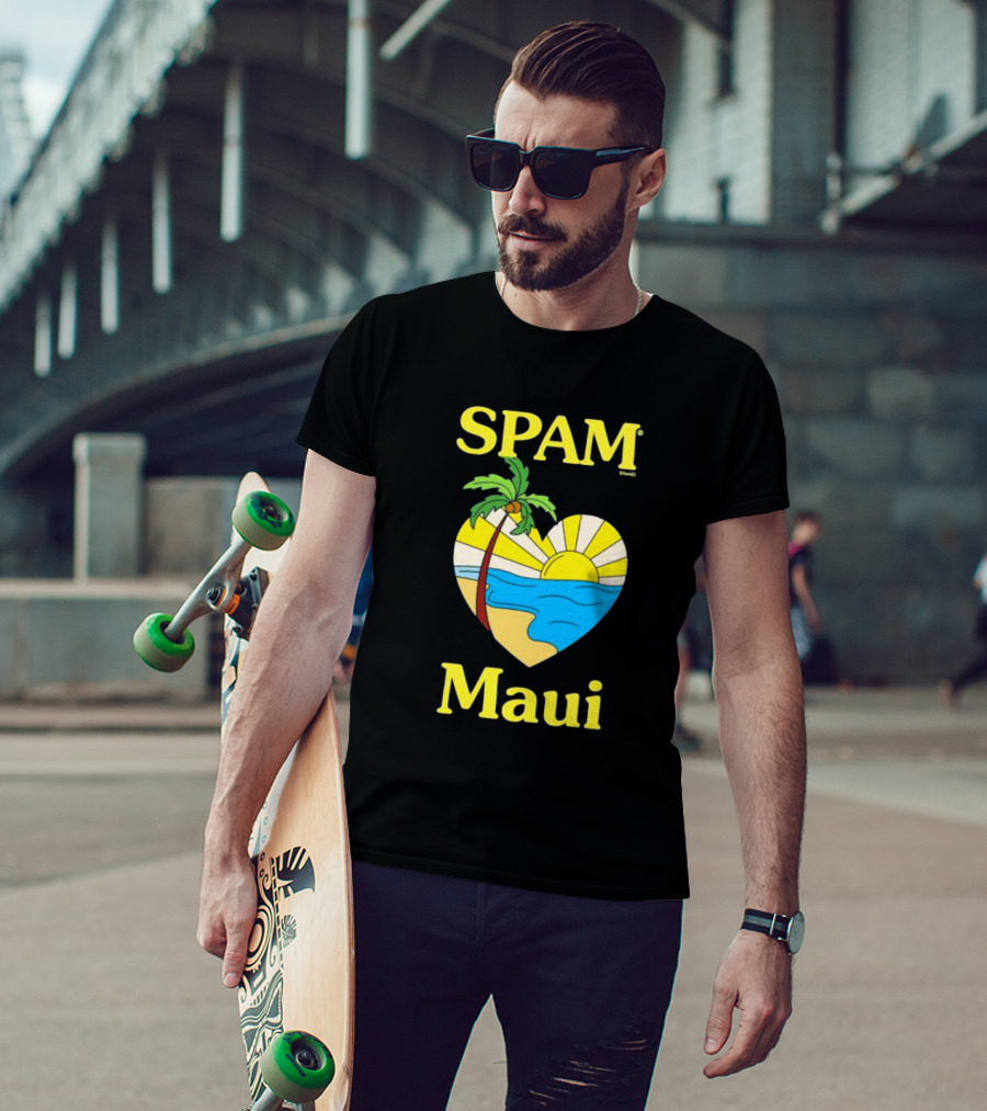 SPAM Brand Maui Heart Beach Sunset And Palm Tree T-Shirt