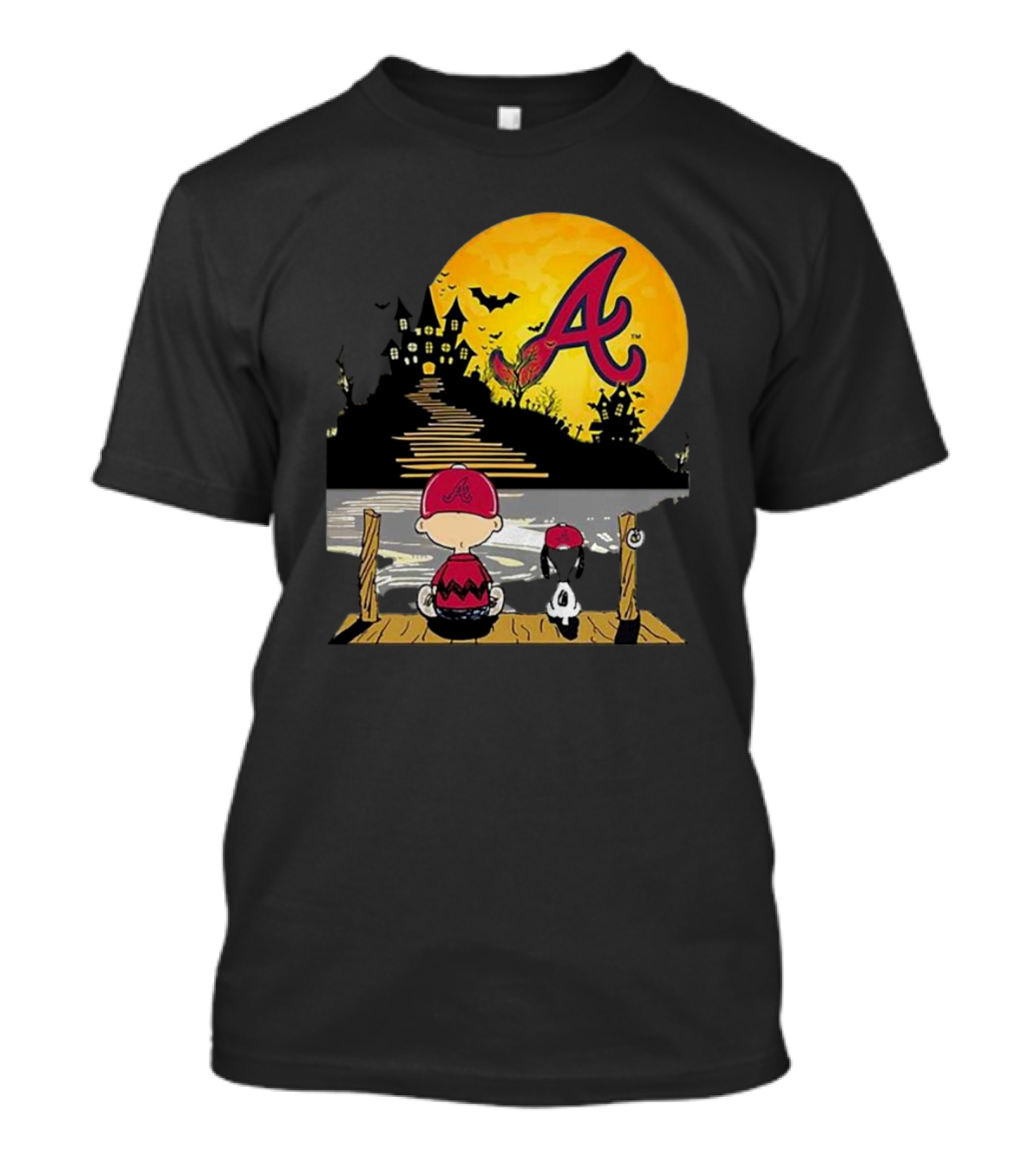 Snoopy Charlie Brown Atlanta Braves Halloween Under Moon T-Shirt