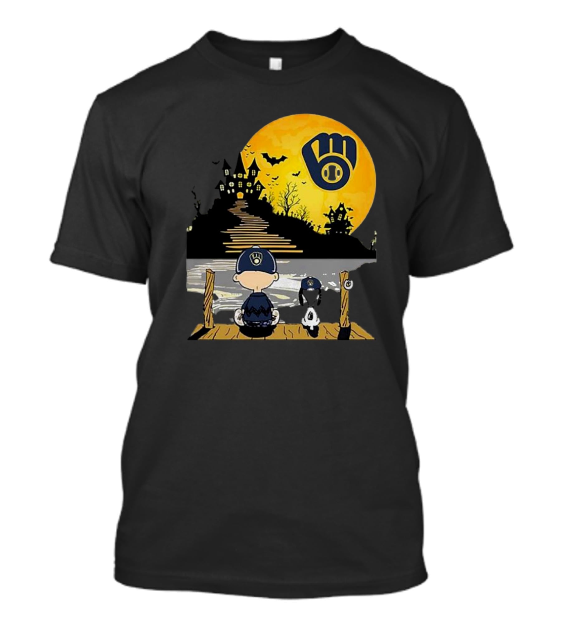 Snoopy Charlie Brown Under Moon Milwaukee Brewers Halloween Mansion Bats T-Shirt
