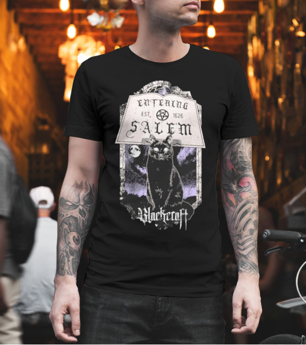 Blackcraft Cult Entering Salem Est. 1626 Black Cat and Crescent Moon Scene T-Shirt Blackcraft Cult Entering Salem Est. 1626 Black Cat and Crescent Moon Scene T-Shirt