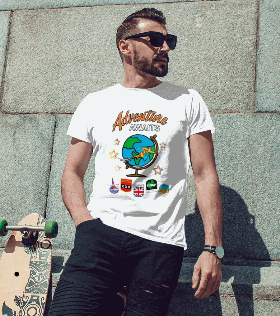 Adventure Awaits One Cent Travel Club Globe Paris Amsterdam London USA Icons T-Shirt