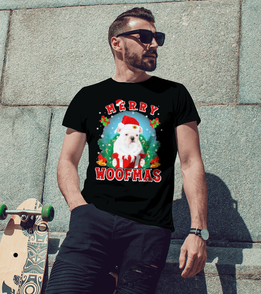 Bulldog In Santa Hat Merry Woofmas With Gifts And Bells T-Shirt