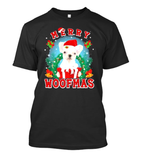 French Bulldog Merry Woofmas Holiday Joy Santa Hat Clematis Snow Christmas Wreath T-Shirt
