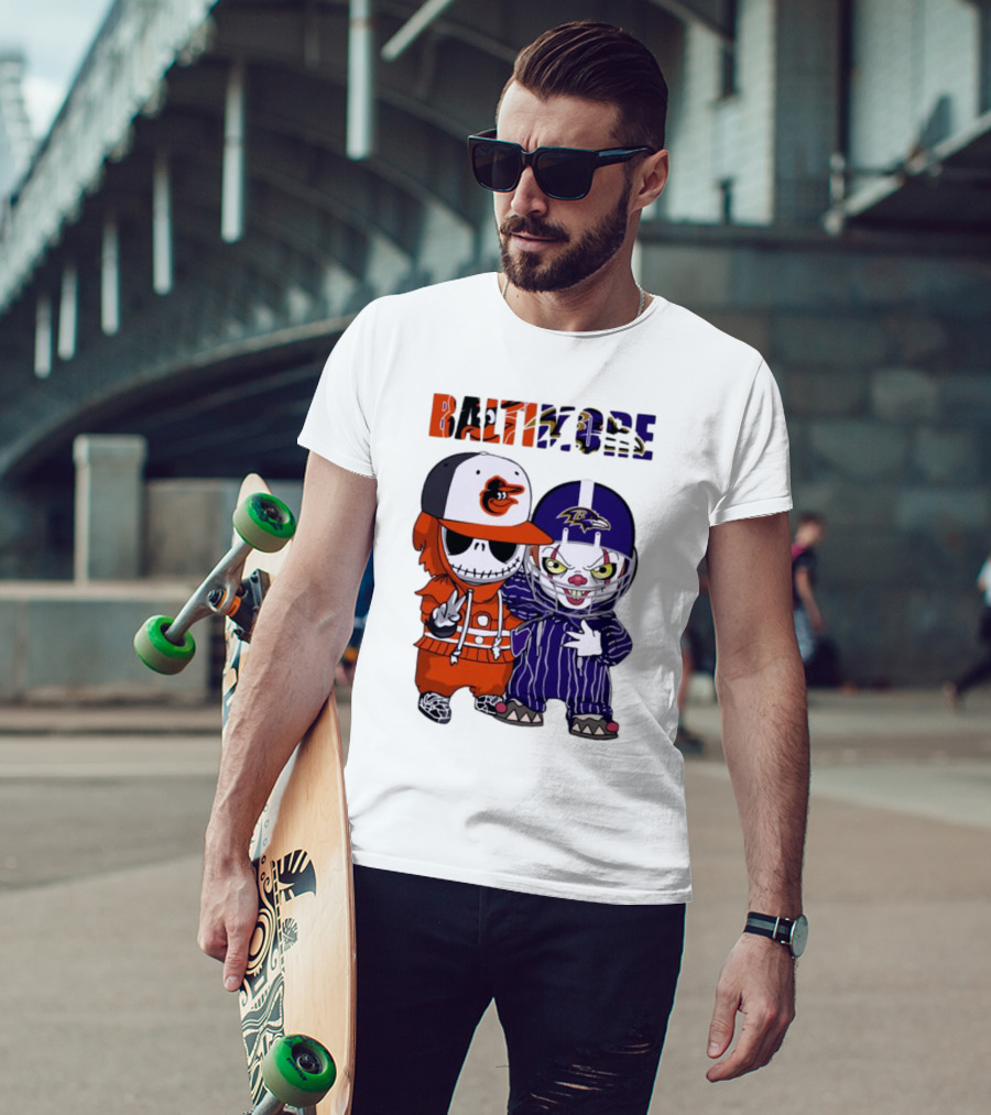 Baby Jack Skellington Pennywise Mashup Baltimore Orioles Ravens Halloween T-Shirt