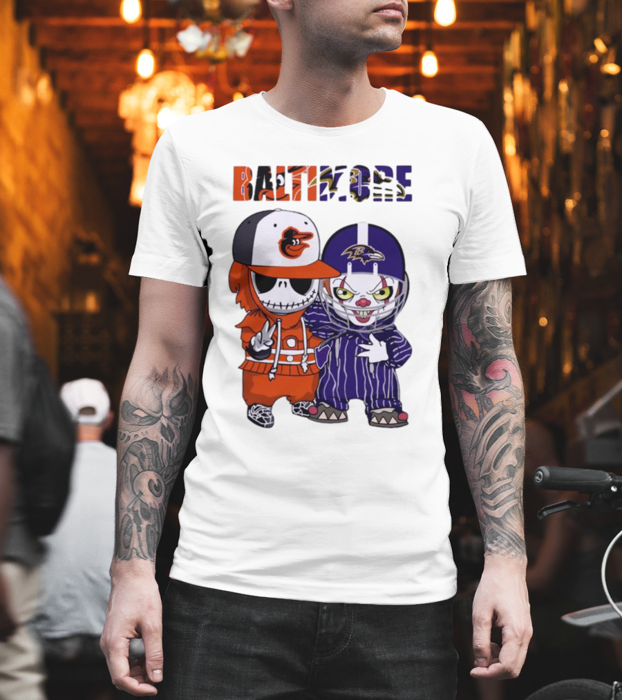 Baby Jack Skellington Pennywise Mashup Baltimore Orioles Ravens Halloween T-Shirt