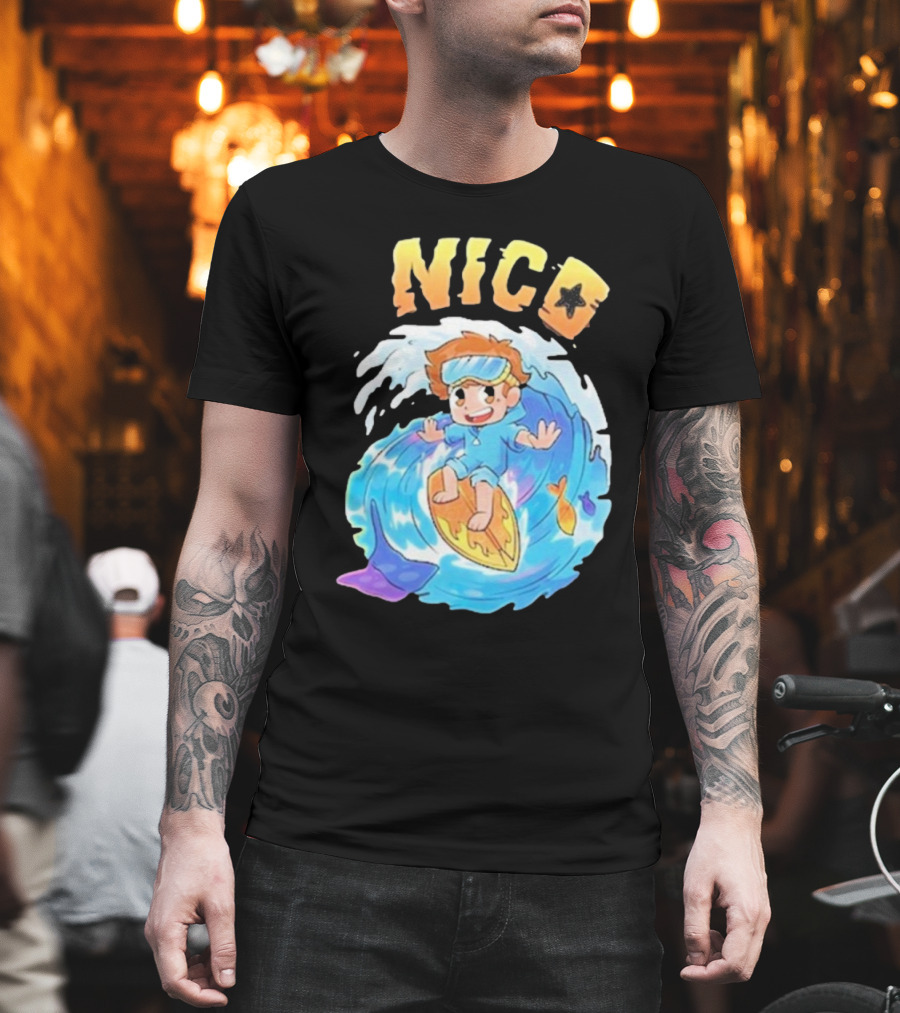 Nico Surfing in Ocean Wave Art with Cash and Nico Nico Starfish T-Shirt