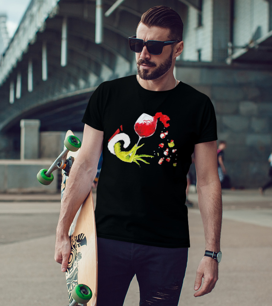 Grinch Hand Christmas Wine Glass Festive Holiday T-Shirt
