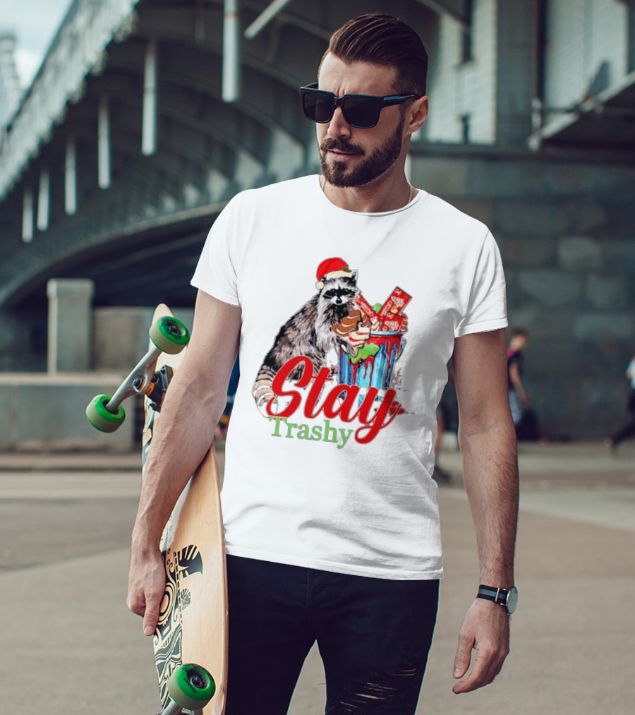 Stay Trashy Christmas Raccoon Xmas Lover With Santa Hat T-Shirt