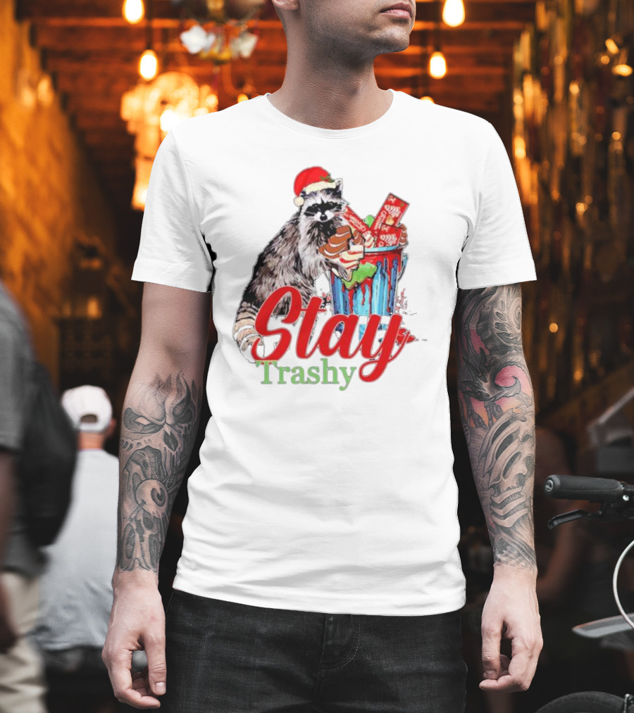 Stay Trashy Christmas Raccoon Xmas Lover With Santa Hat T-Shirt