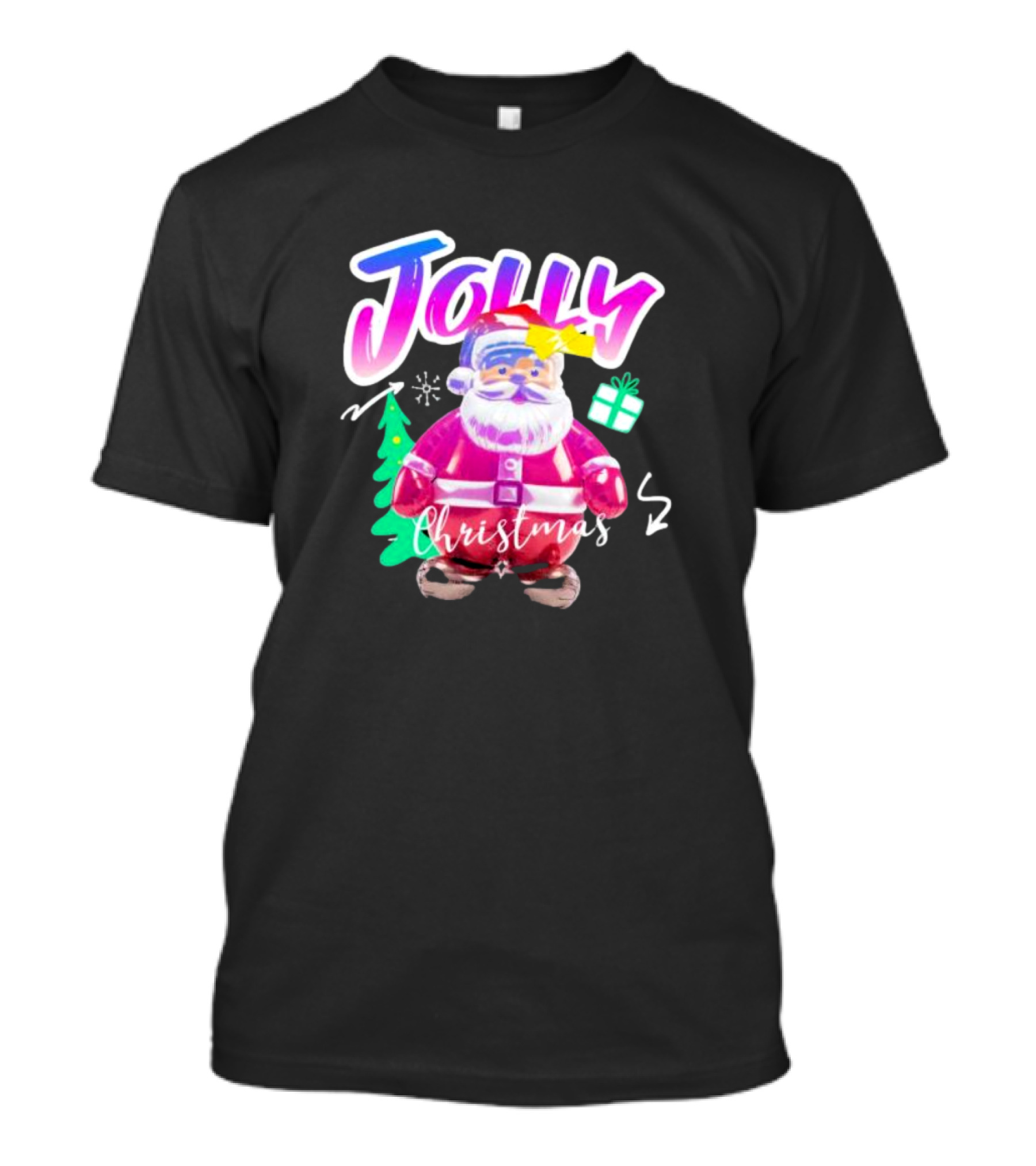 Jolly Merry Christmas Santa Balloon With Gift And Christmas Tree T-Shirt