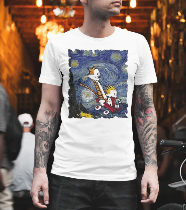 Vincent Van Gogh Starry Night Calvin and Hobbes Wagon T-Shirt Vincent Van Gogh Starry Night Calvin and Hobbes Wagon T-Shirt