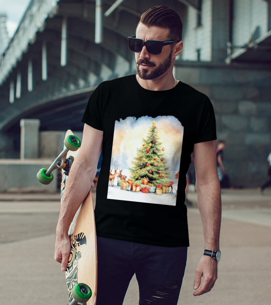 Watercolor Christmas Tree With Reindeer And Presents Scene T-Shirt