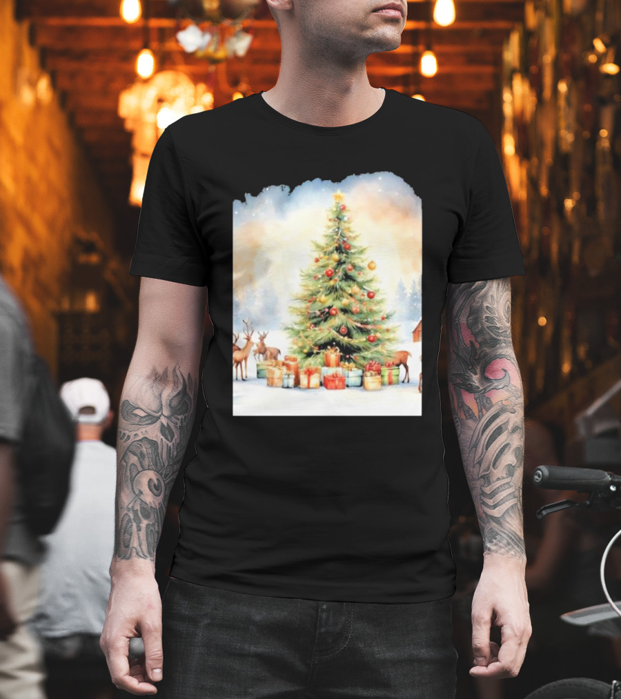 Watercolor Christmas Tree With Reindeer And Presents Scene T-Shirt