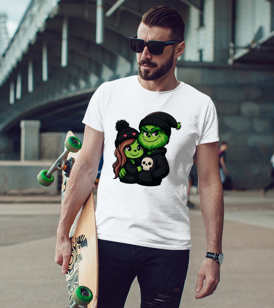 Cute Grinch And Girlfriend In Black Beanies With Skull Hoodie And Heart Details T-Shirt