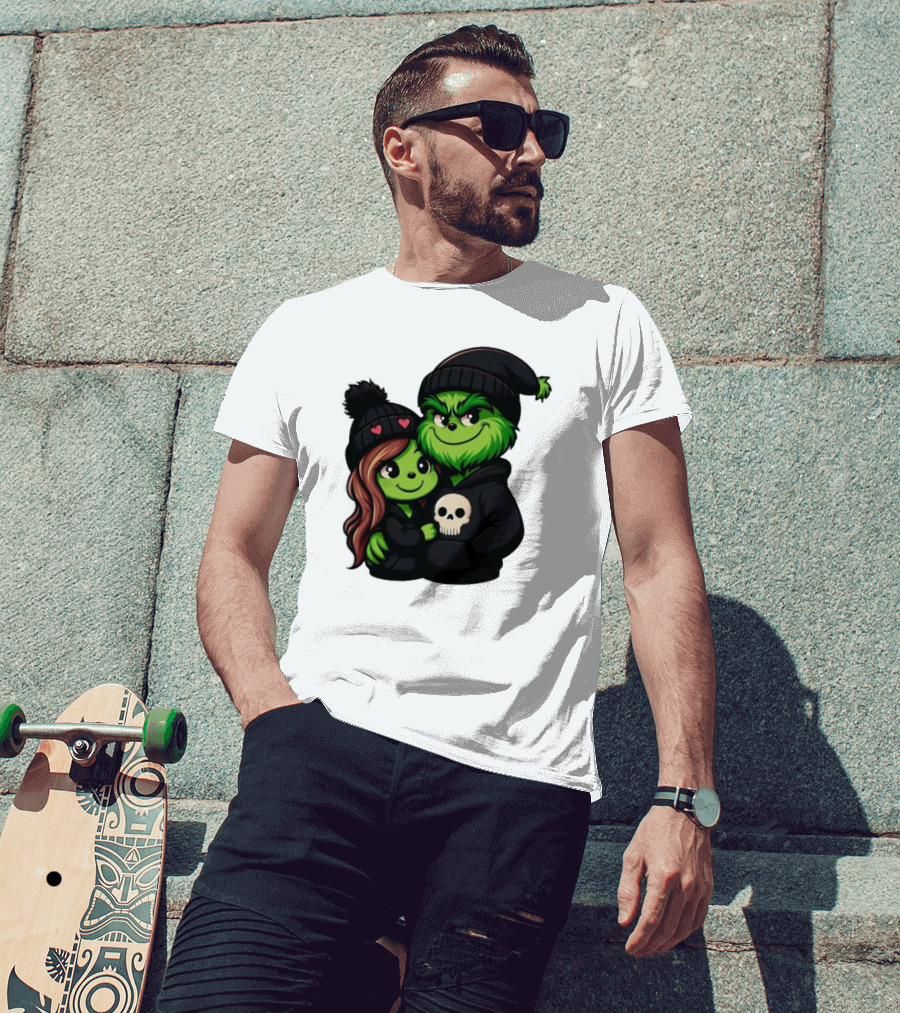 Cute Grinch And Girlfriend In Black Beanies With Skull Hoodie And Heart Details T-Shirt