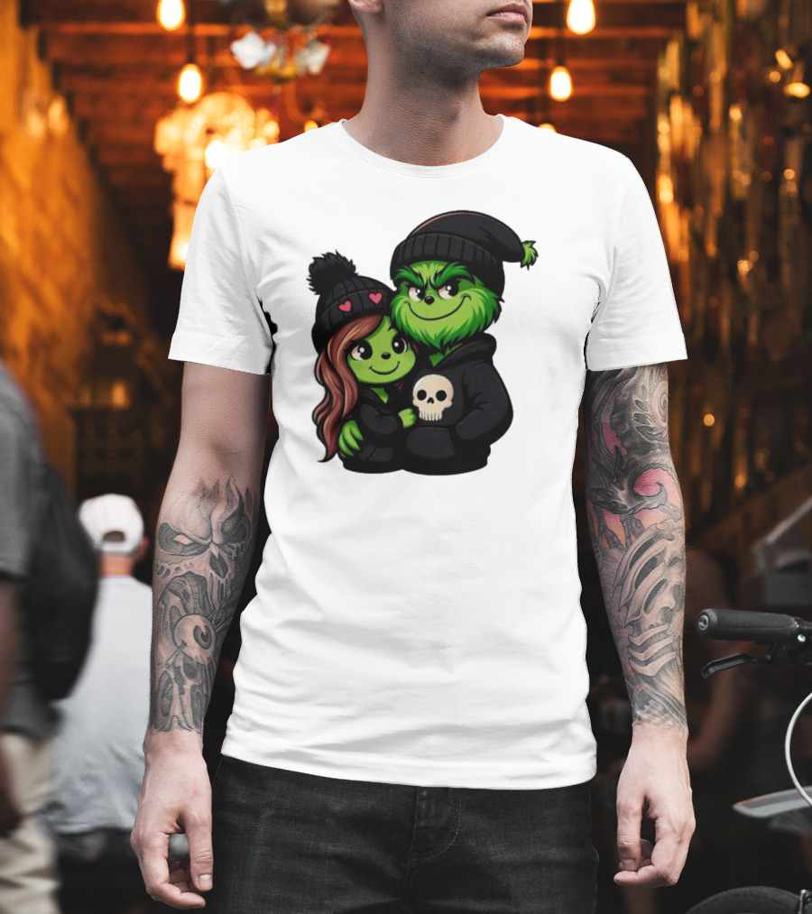 Cute Grinch and Girlfriend in Black Beanies with Skull Hoodie and Heart Details T-Shirt