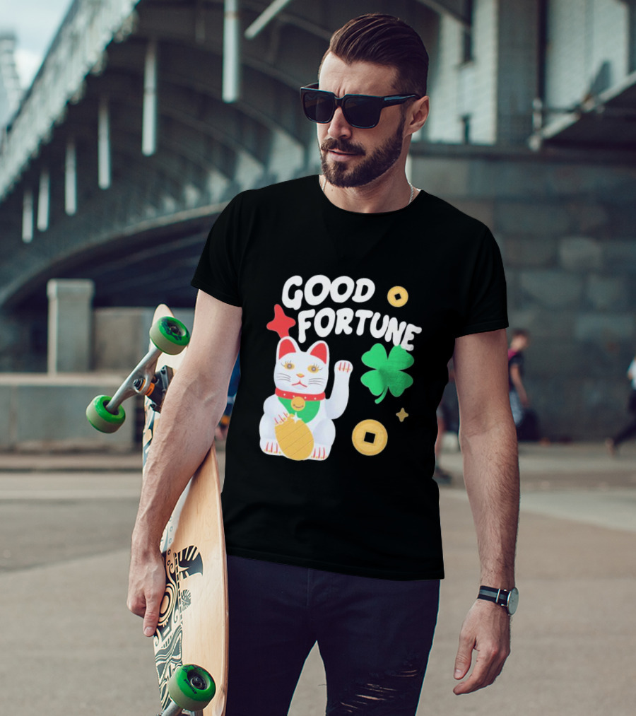 Good Fortune Cat With Clover And Coins T-Shirt