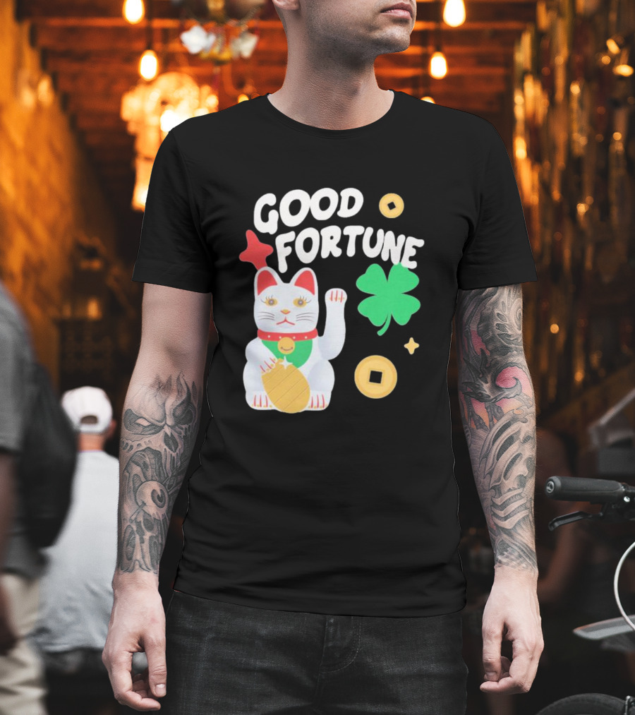 Good Fortune Cat with Clover and Coins T-Shirt