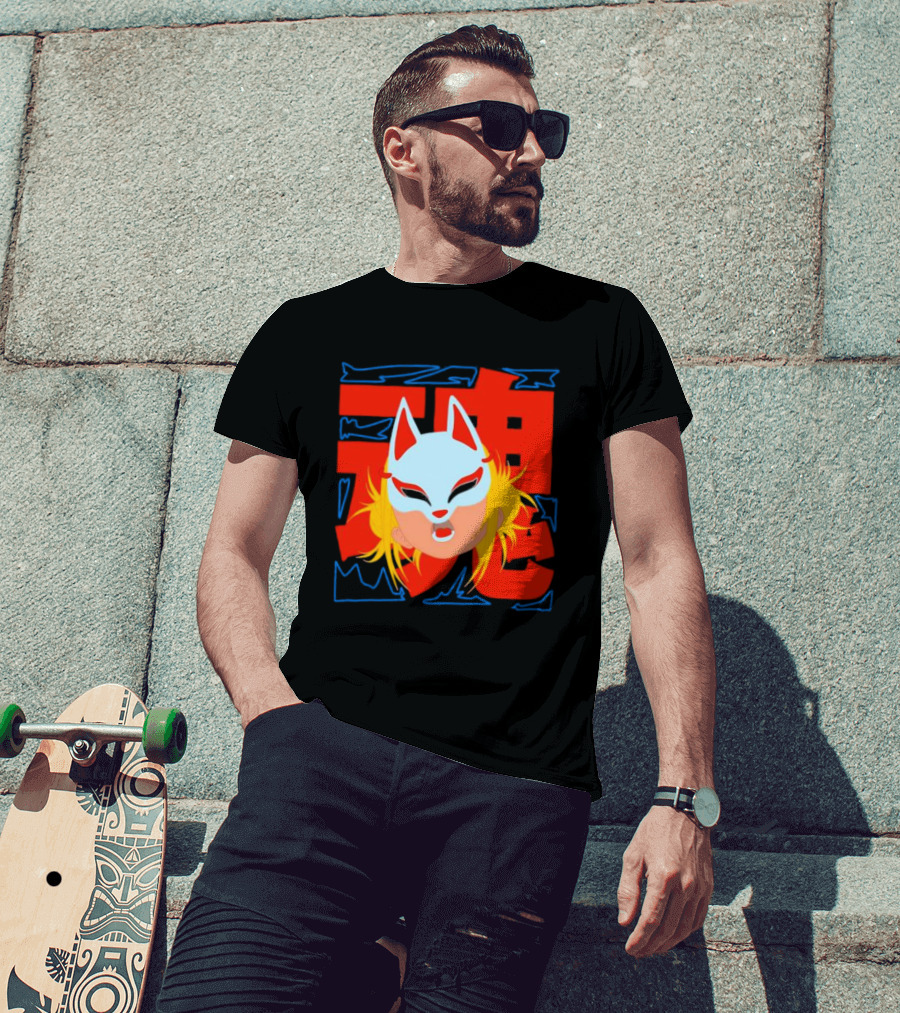 Kitsune Catori Mask With Red Kanji And Blond Hair T-Shirt