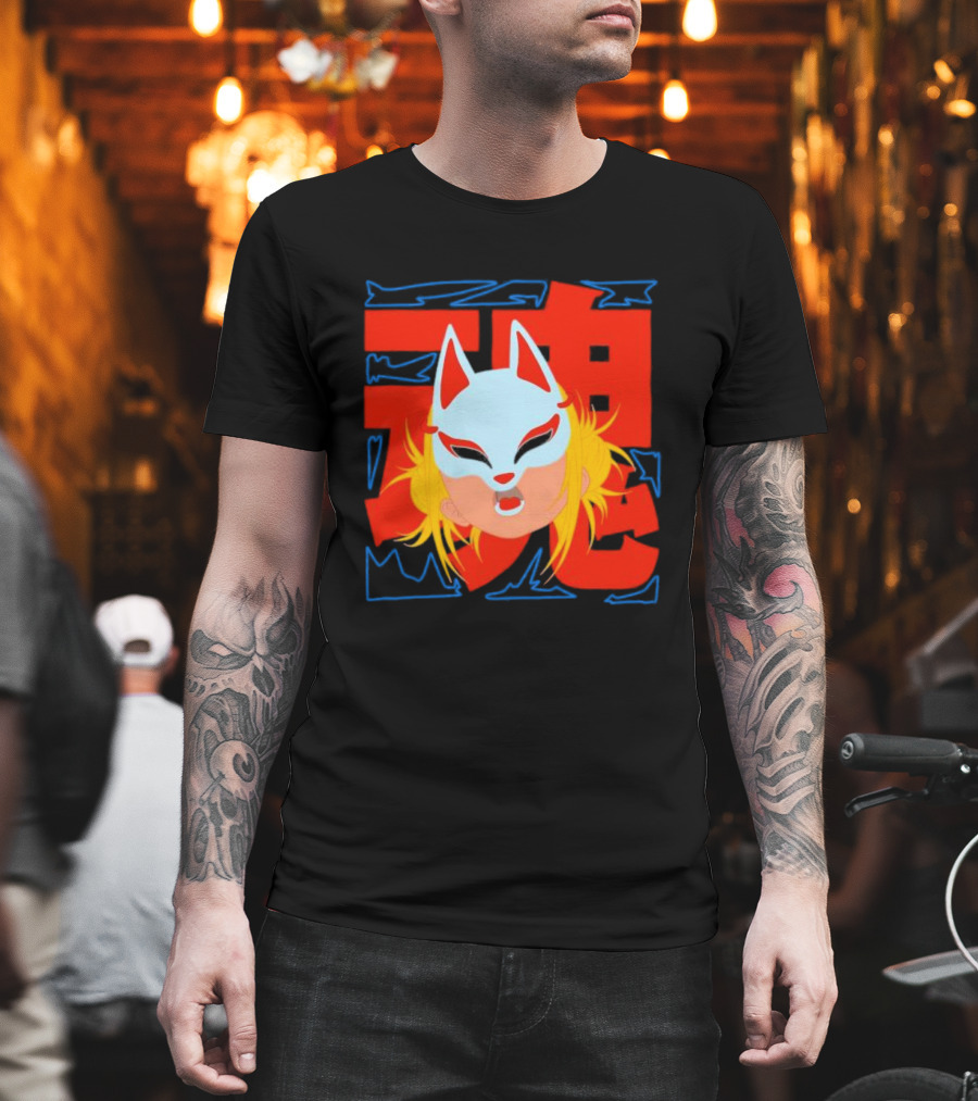 Kitsune Catori Mask With Red Kanji And Blond Hair T-Shirt