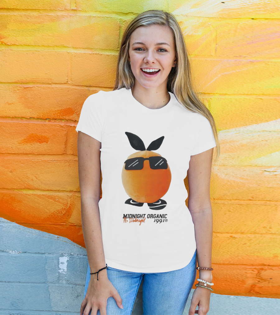 Midnight Organic Mr. Midnight 1991 Orange Character With Sunglasses T-Shirt