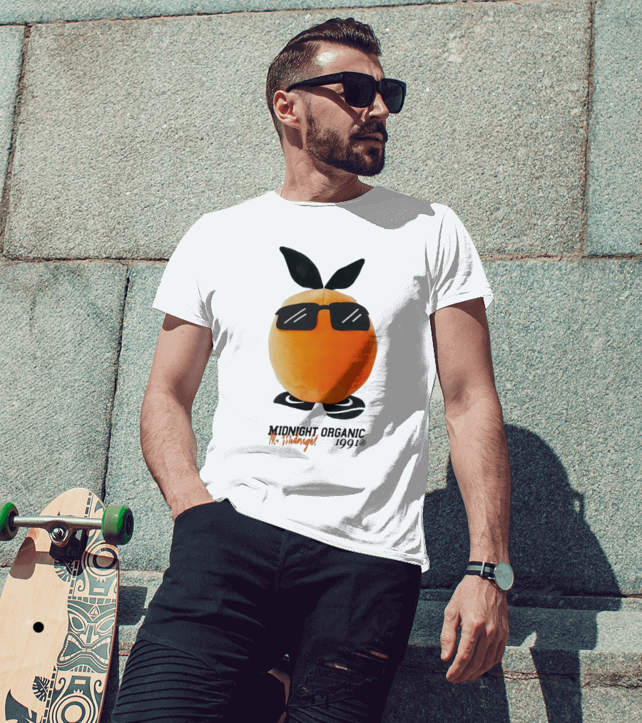 Midnight Organic Mr. Midnight 1991 Orange Character With Sunglasses T-Shirt