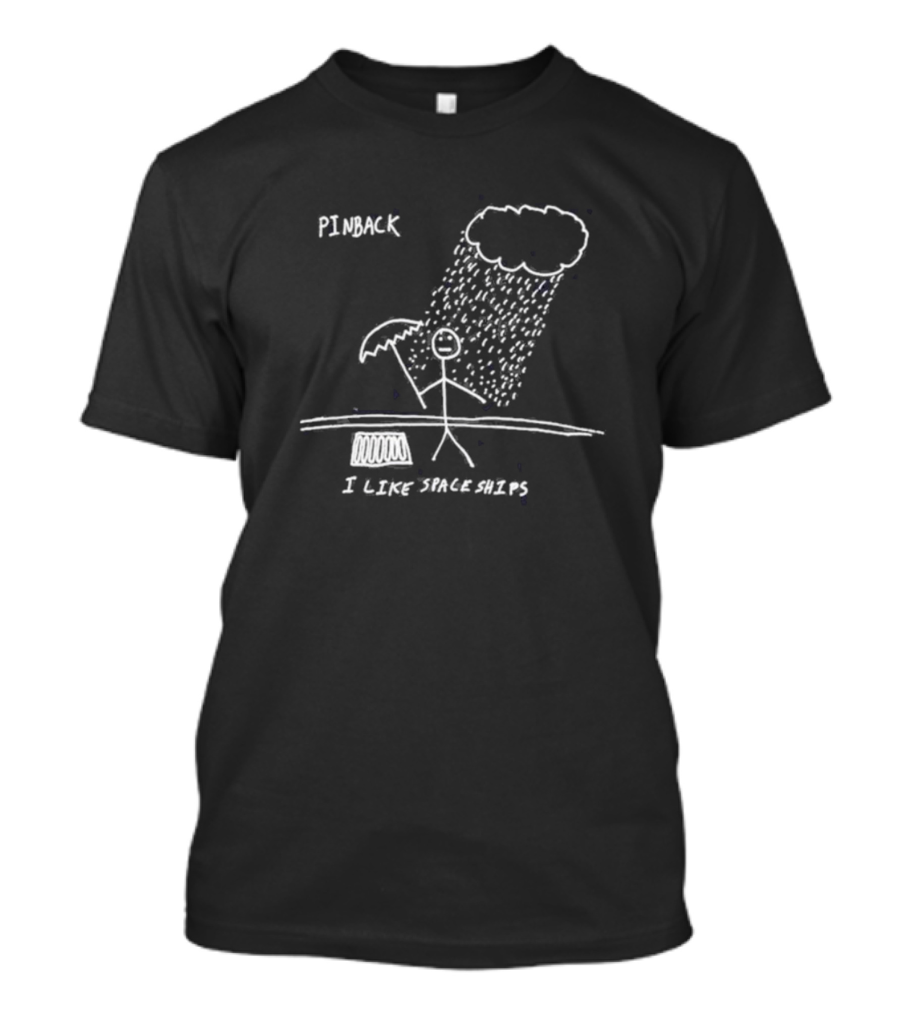 Pinback I Like Spaceships Stick Figure Standing In Rain With Umbrella T-Shirt
