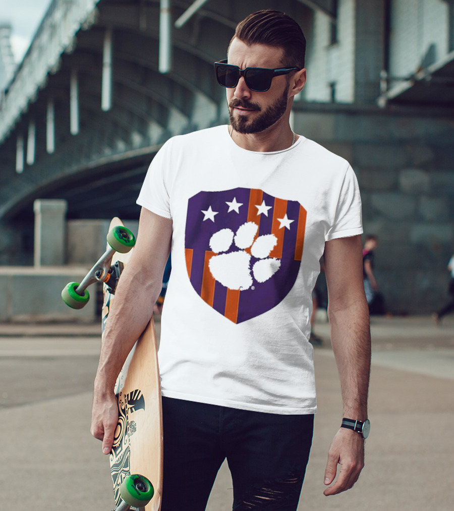 Clemson United Paw Print Shield With Four Stars Orange And Purple T-Shirt