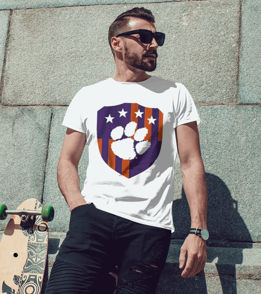 Clemson United Paw Print Shield With Four Stars Orange And Purple T-Shirt