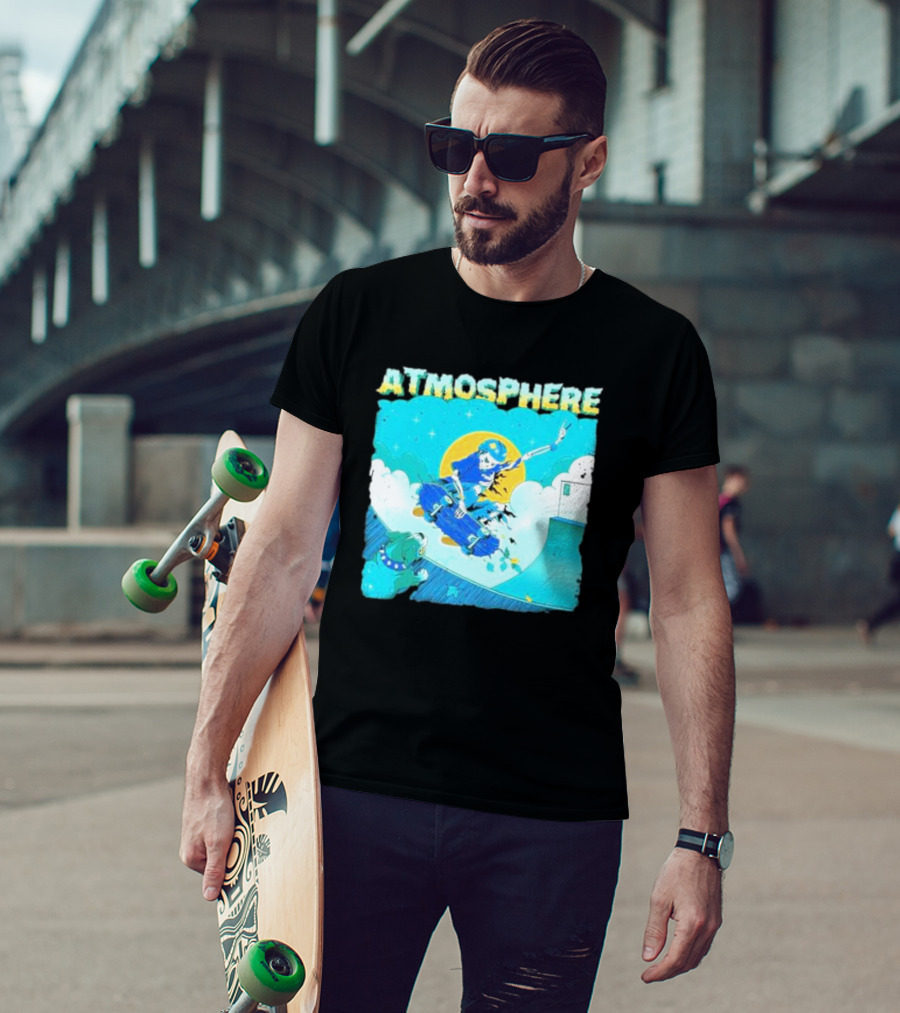 ATMOSPHERE Skateboarding Skeleton Dog Ramp Peace Sign T-Shirt
