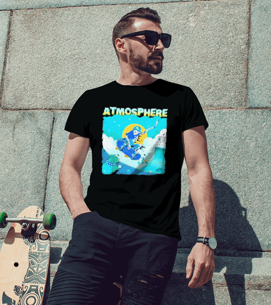 ATMOSPHERE Skateboarding Skeleton Dog Ramp Peace Sign T-Shirt