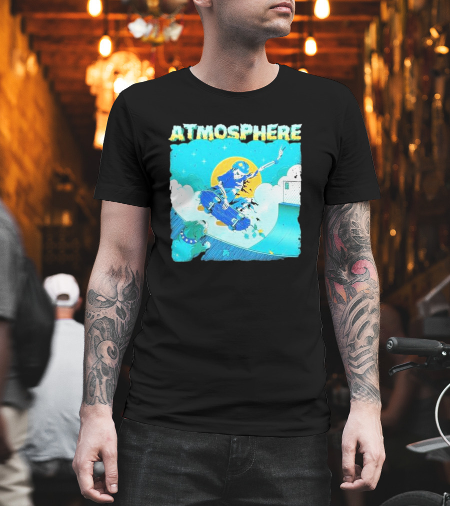 ATMOSPHERE Skateboarding Skeleton Dog Ramp Peace Sign T-Shirt