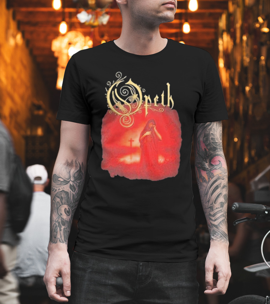 Opeth Still Life Gothic Red Cloaked Figure And Cross T-Shirt