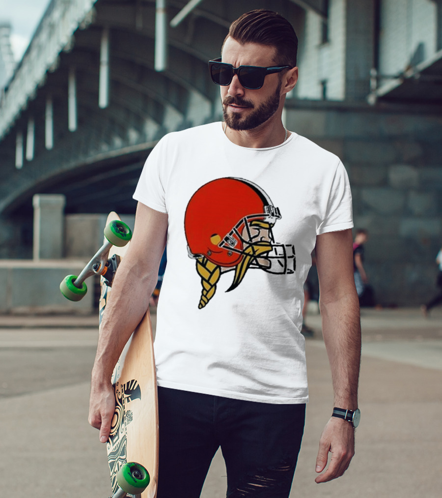 Quality Jay Cuda Browns Vikings Dual Logo Helmet T-Shirt