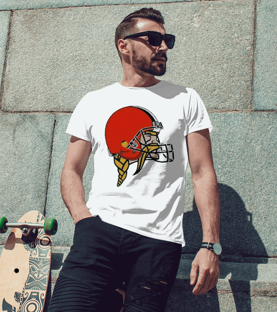 Quality Jay Cuda Browns Vikings Dual Logo Helmet T-Shirt