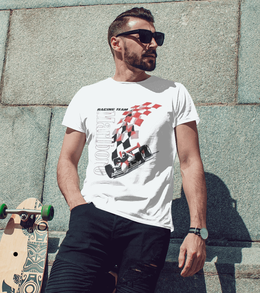 Vintage 90s Marlboro Racing Team Red Checkered Flag T-Shirt